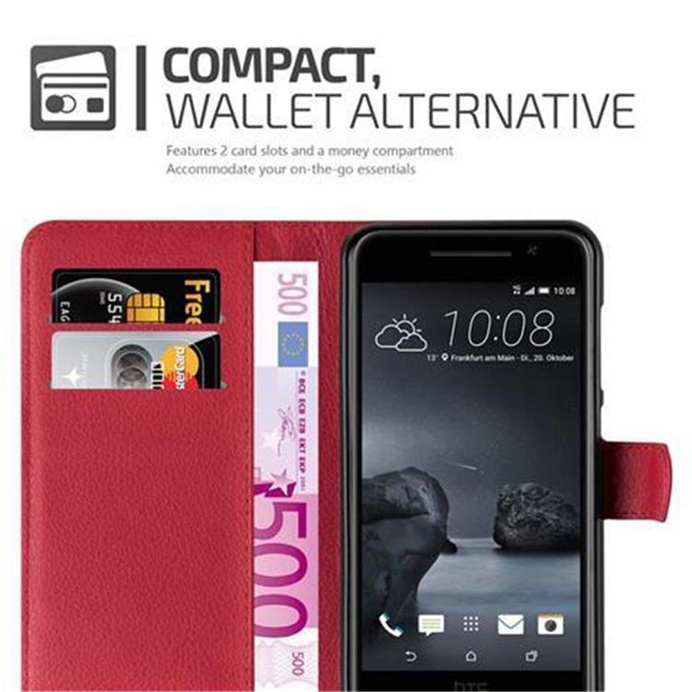 Un telefono in una custodia a portafoglio rossa con denaro e carte di credito, mostrando un'alternativa al portafoglio.