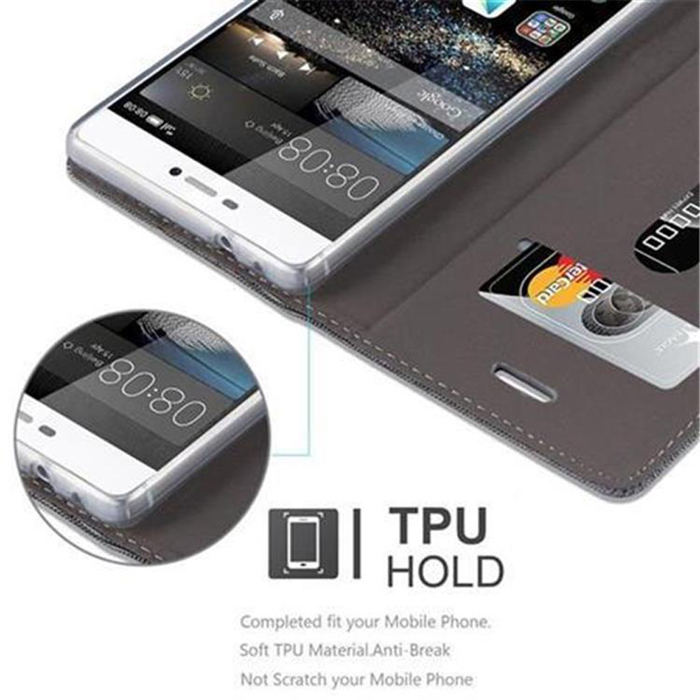 Teléfono en una funda marrón. El teléfono muestra la hora 08:08. Texto: TPU HOLD.