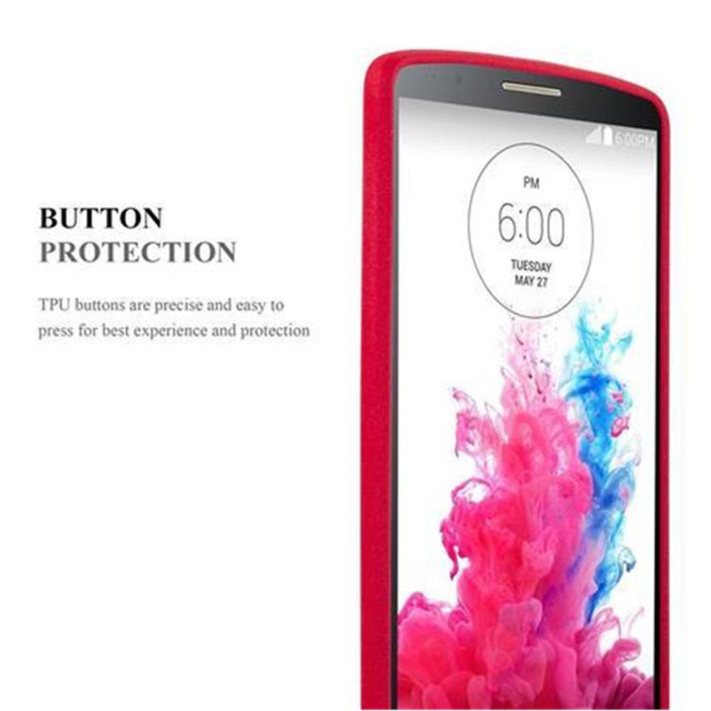 Telefono con custodia rossa. Testo: Protezione dei pulsanti. I pulsanti in TPU sono precisi e facili da premere.