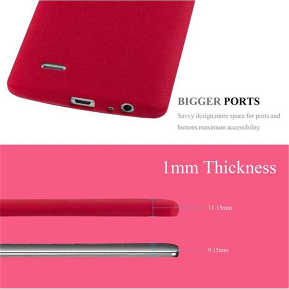 Custodia per telefono rossa con porte più grandi e spessore 1 mm. Testo: BIGGER PORTS, 1mm Thickness.