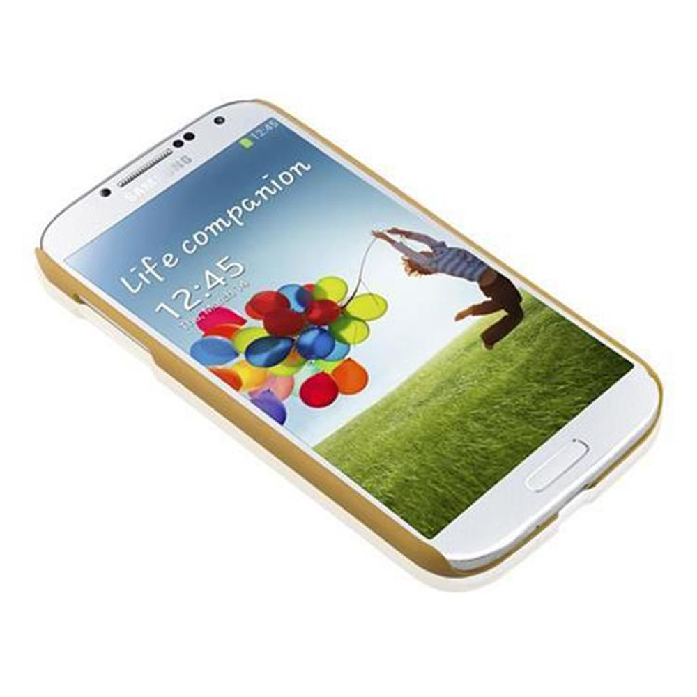 Un telefono con custodia dorata che mostra l'immagine di una persona con dei palloncini.
