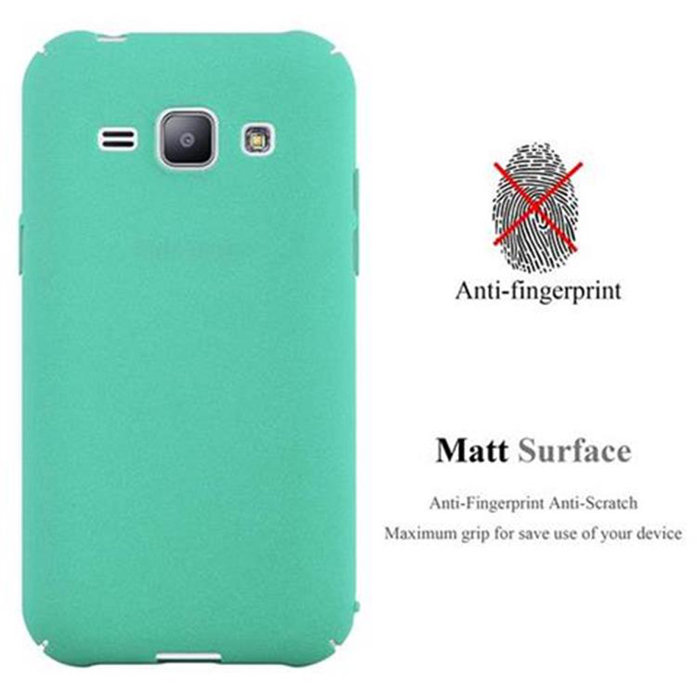 Eine türkisfarbene Handyhülle mit Anti-Fingerprint-Design, die die Rückseite eines Telefons zeigt.