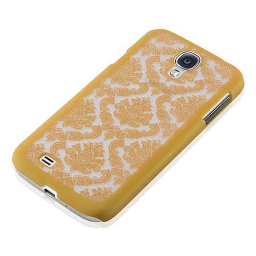 Custodia per telefono gialla con un design floreale. La custodia è su una superficie bianca.