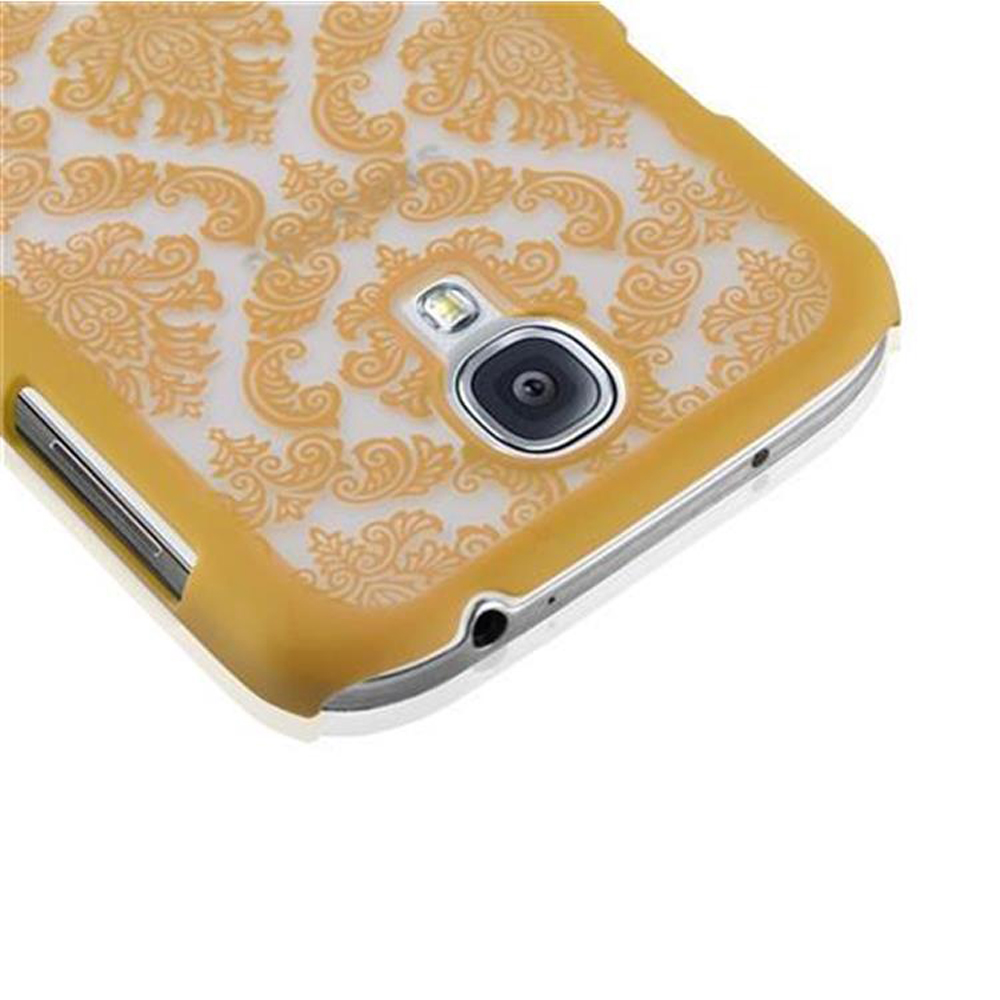 Una custodia gialla con un design floreale, che mostra l'area della fotocamera del telefono.