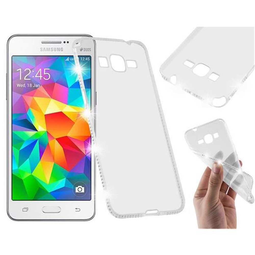 Teléfono Samsung blanco con fundas transparentes. El teléfono muestra la hora 12:45.