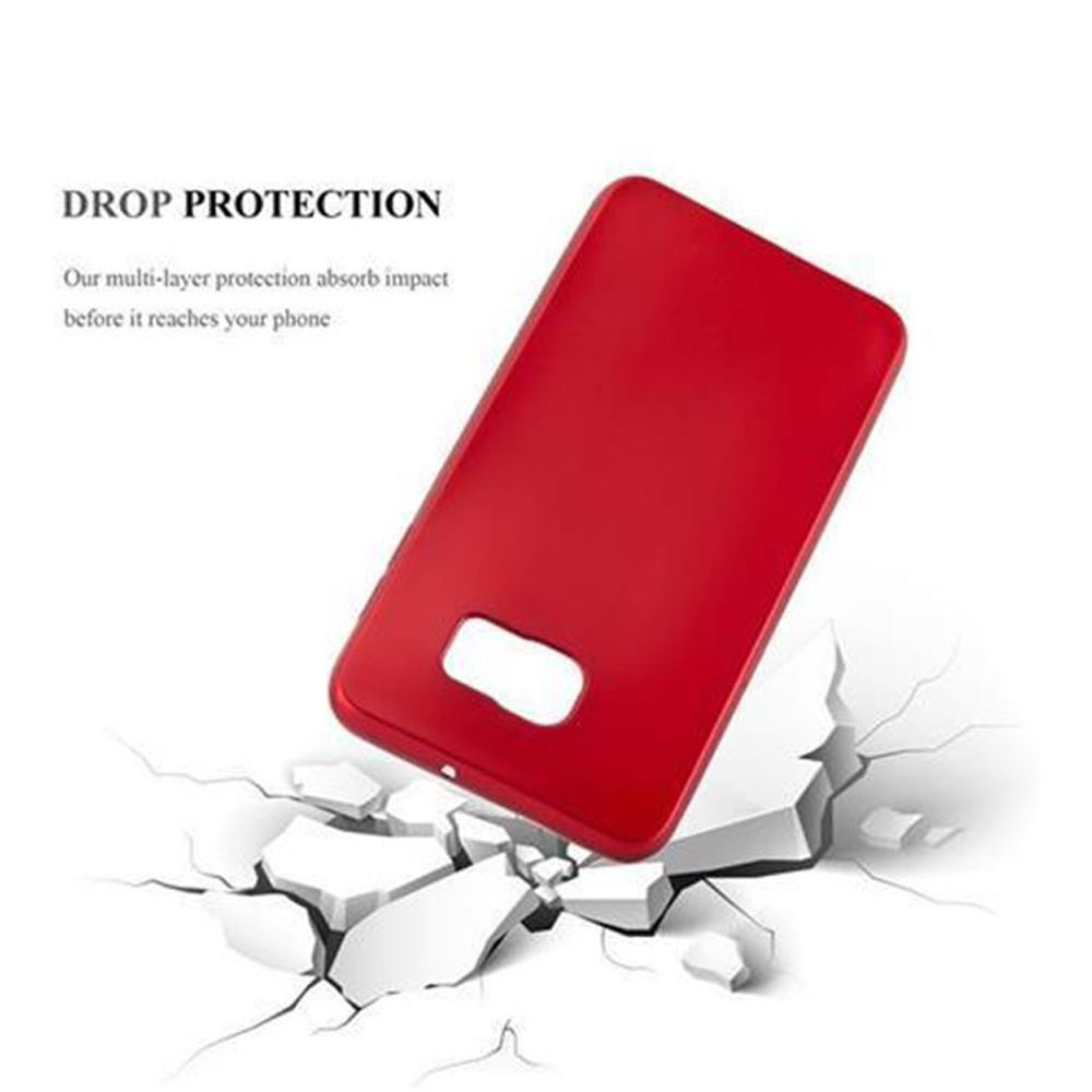 Rote Handyhülle bricht weiße Oberfläche. Text: 'DROP PROTECTION' und 'Our multi-layer protection...'