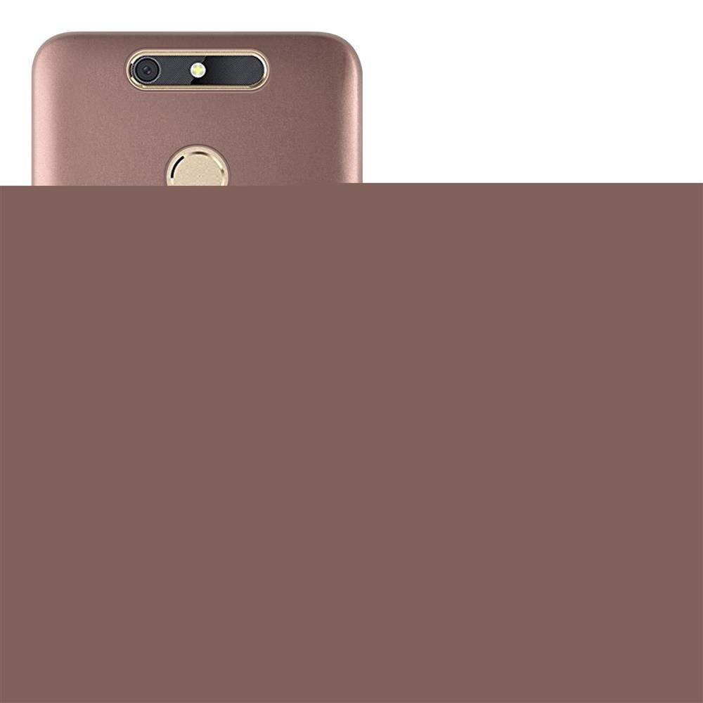 Una custodia per telefono marrone, aperta, che rivela il retro di un telefono. La custodia è liscia.