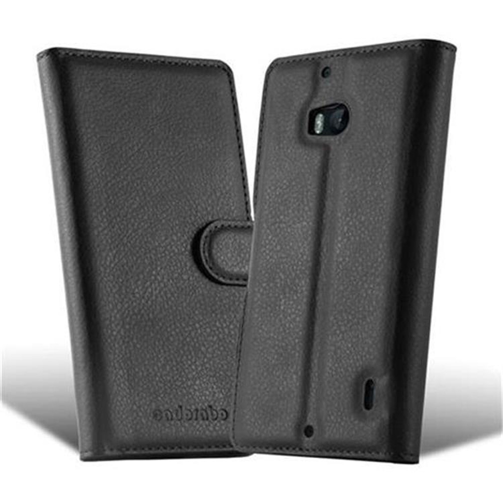 Custodia per telefono in pelle nera, aperta per mostrare l'interno e l'apertura della fotocamera.
