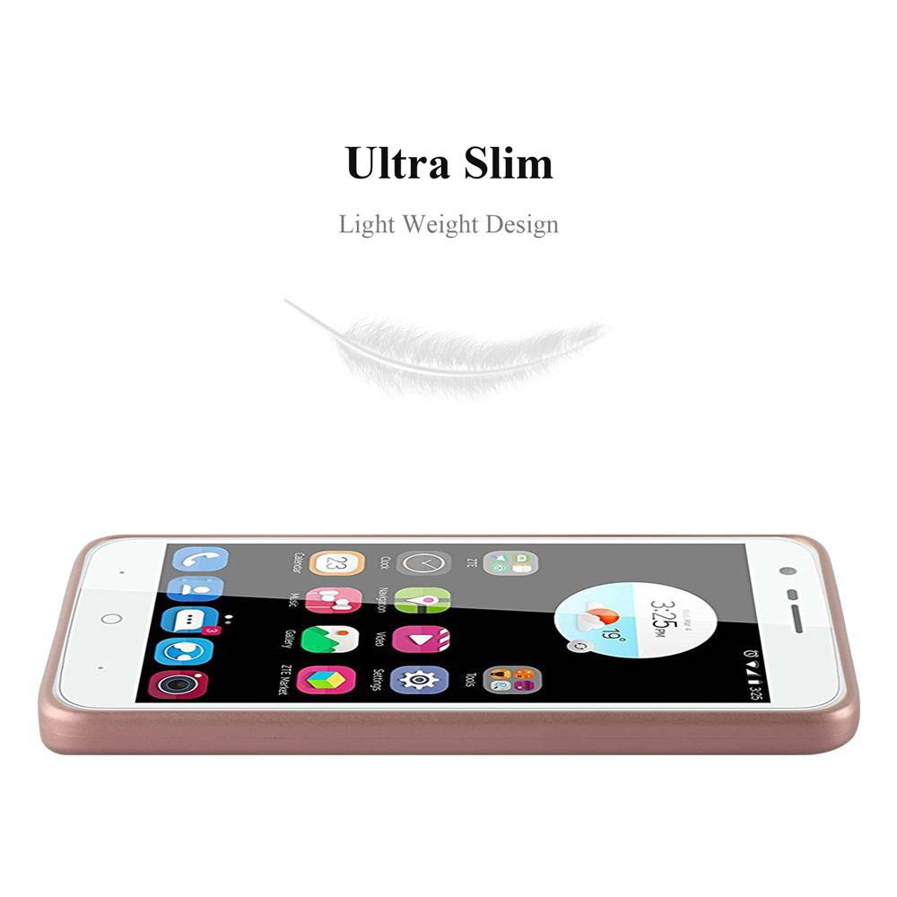 Telefono oro rosa dal design ultra sottile. Sfondo bianco con grafica di piuma sopra.