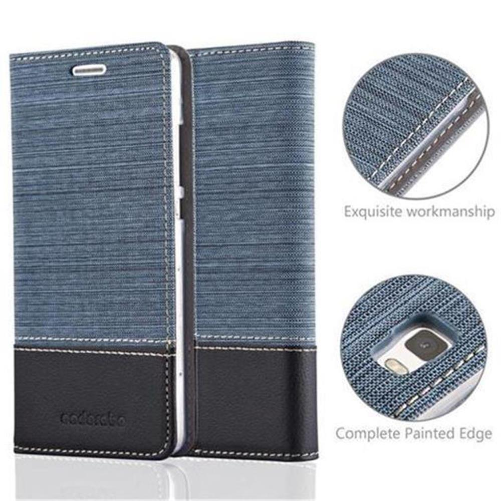 Una custodia blu con un telefono all'interno, che mostra i dettagli del design della custodia.