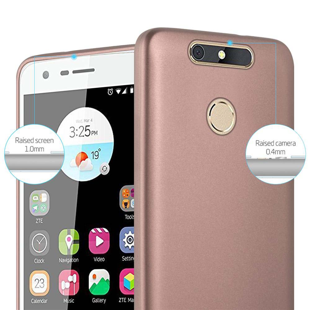 Una custodia rosa con un telefono dentro. Mostra lo schermo del telefono con icone e fotocamera rialzata.