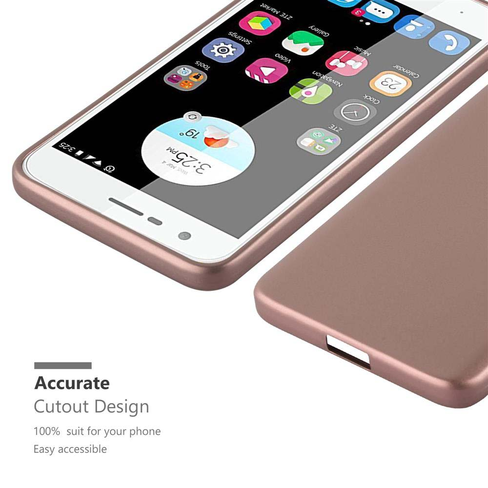Custodia per telefono oro rosa su un telefono bianco, che mostra le app. Lo sfondo è chiaro.