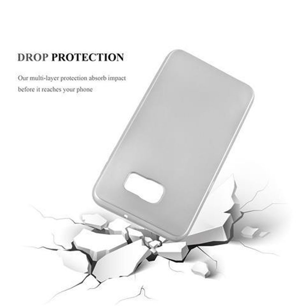 Eine graue Handyhülle über einer zerbrochenen weißen Oberfläche, mit dem Text 'DROP PROTECTION'.