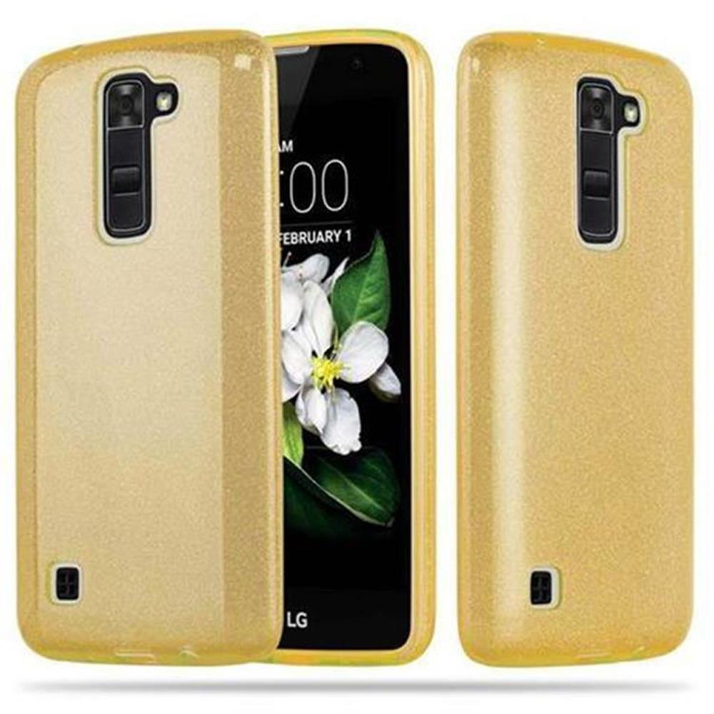 Funda dorada con un teléfono dentro.