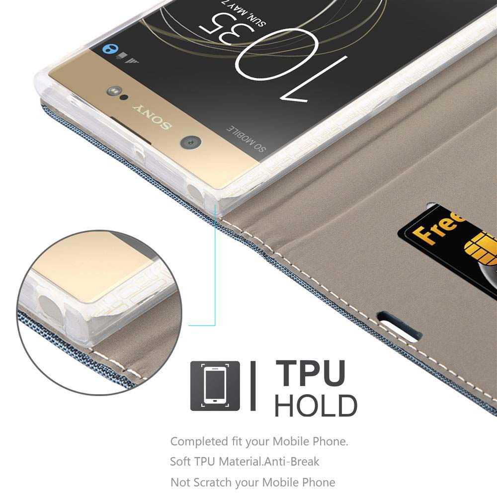 Uno smartphone dentro una custodia, che mostra lo schermo del telefono, una carta di credito e un'etichetta di supporto in TPU.