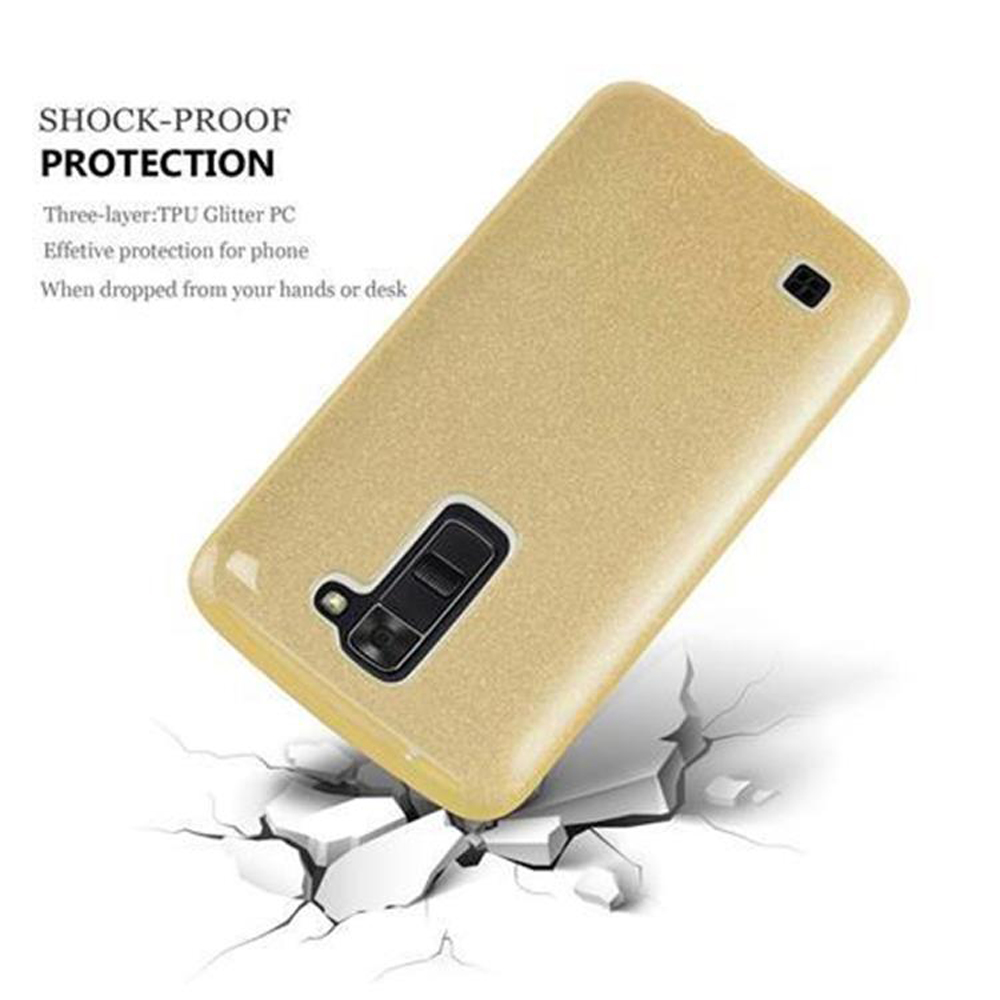 Una funda dorada para teléfono, ligeramente inclinada. Protección a prueba de golpes se describe en la imagen.