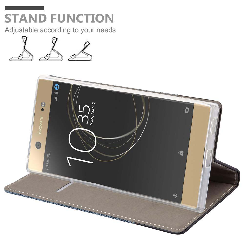 Telefono in custodia con funzione stand, che mostra l'ora.