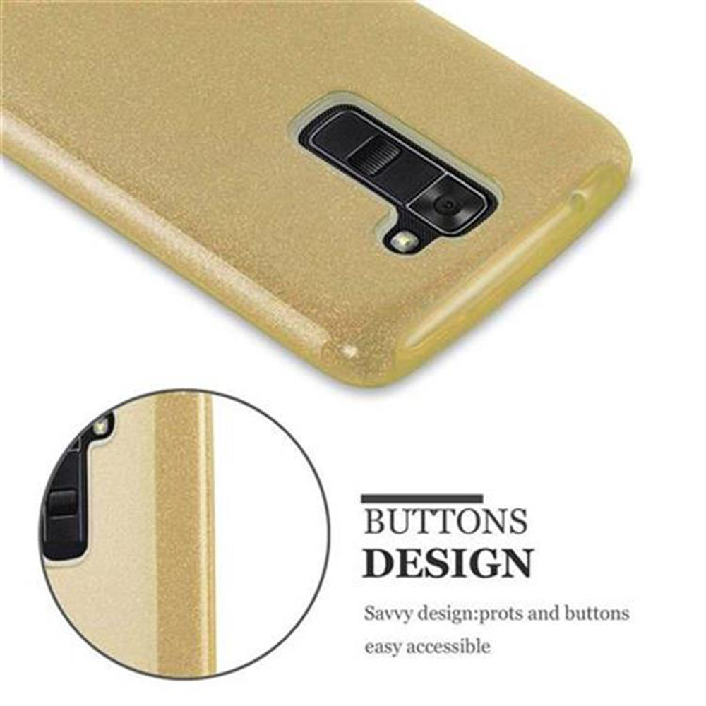 Funda dorada para teléfono. Texto: DISEÑO DE BOTONES. Detalle: parte trasera con botones.