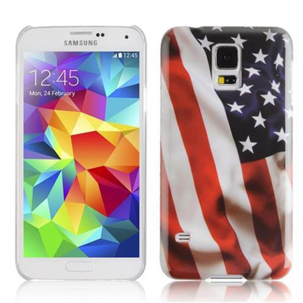 Un telefono e una custodia con un design della bandiera americana. Il telefono mostra un display colorato.
