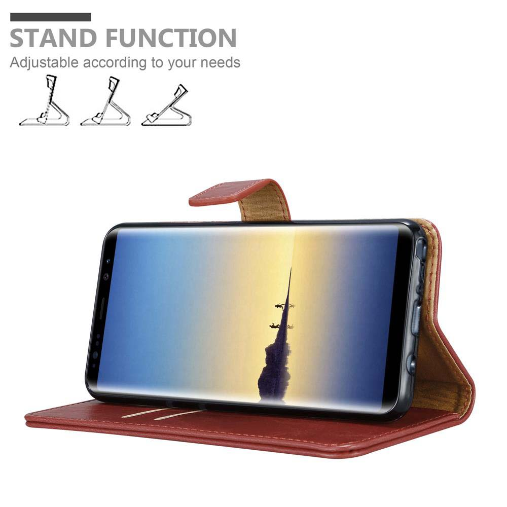 Custodia rossa per telefono con telefono all'interno. Schermo del telefono visibile, con funzione stand.