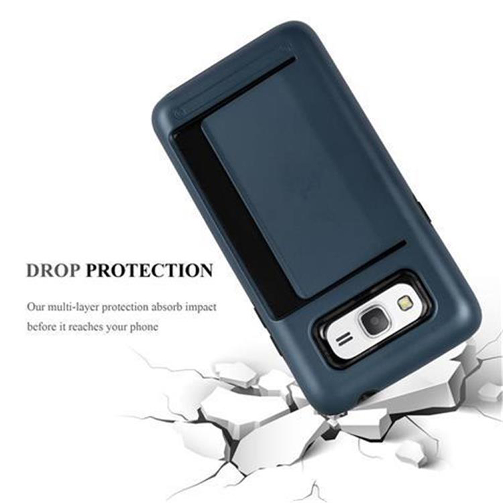 Una funda de teléfono azul con un diseño de protección contra caídas, que muestra la funda con un contorno de teléfono y suelo agrietado.