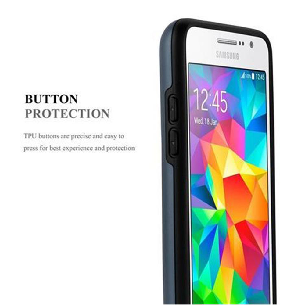 Teléfono en funda negra, con pantalla colorida. Texto dice 'Button Protection' y 'TPU'.
