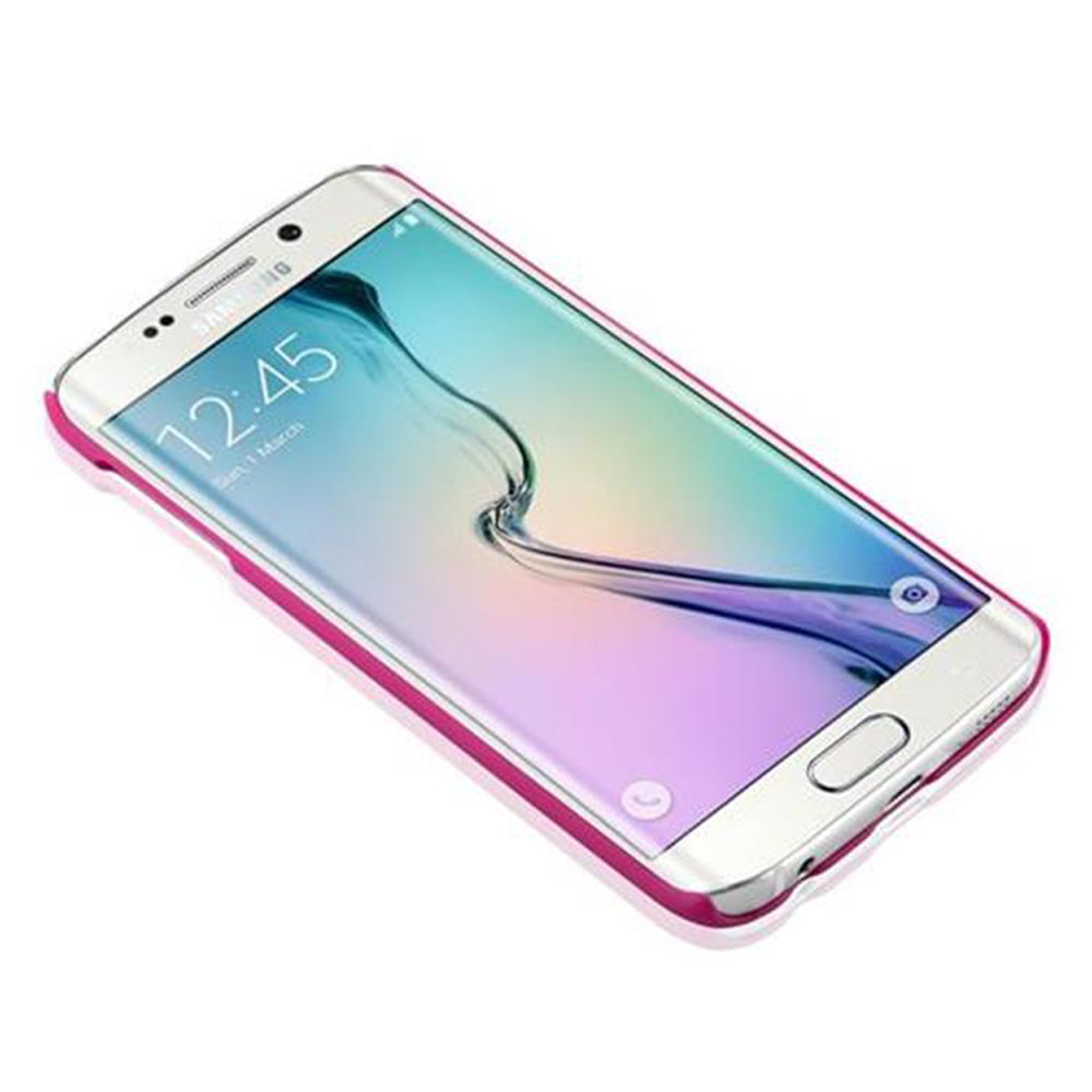 Ein pinkfarben umrandetes Telefon mit farbenfrohem Bildschirm vor weißem Hintergrund.