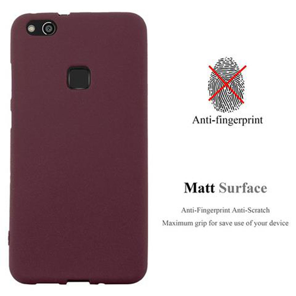 Una custodia per telefono bordeaux con un simbolo rosso di cancellazione delle impronte digitali, che indica anti-impronta e superficie opaca.