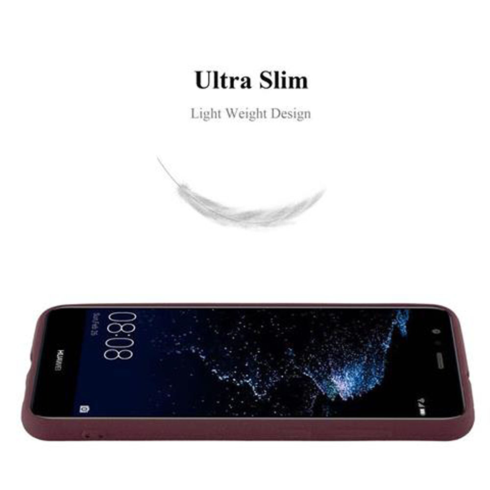 Una custodia del telefono bordeaux con un telefono all'interno e una grafica a forma di piuma sopra. Testo: Ultra Slim, Light Weight Design.