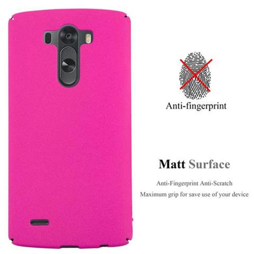 Rosa Handyhülle mit Anti-Fingerabdruck-Text. Die Hülle hat ein Kamera Loch und Logo.