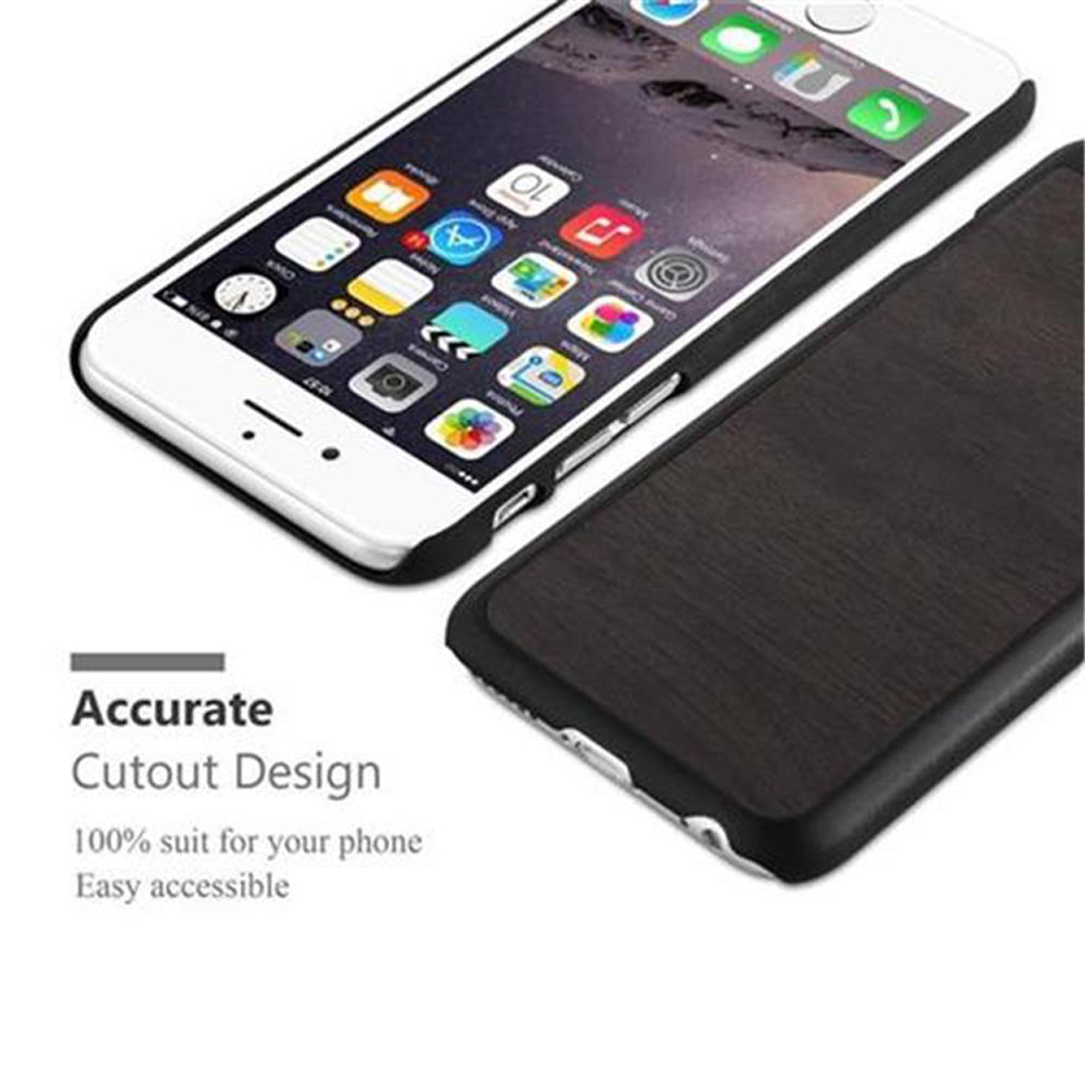 Custodia del telefono con design a venature del legno. Il telefono è bianco con finiture nere. Il testo dice 'Accurate Cutout Design'.