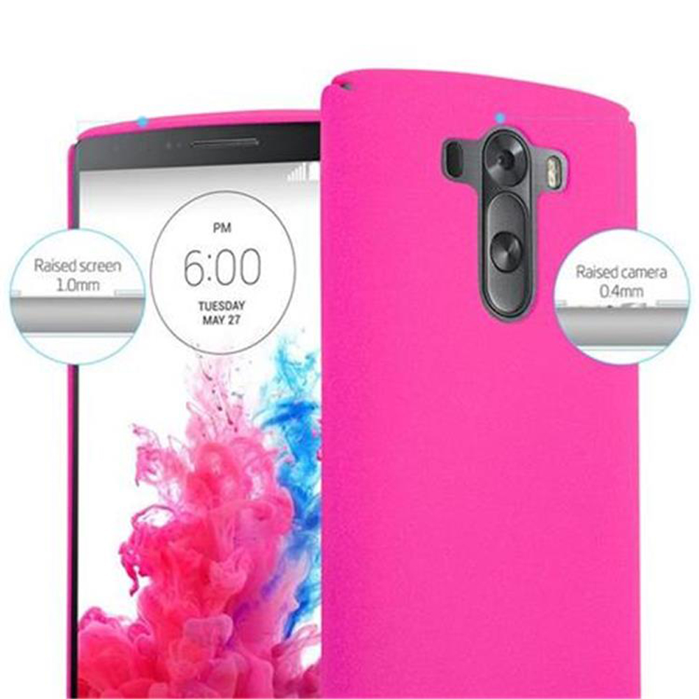 Pinkes Smartphone mit pinker Hülle. Erhöhter Bildschirm und Kamera-Label sichtbar.