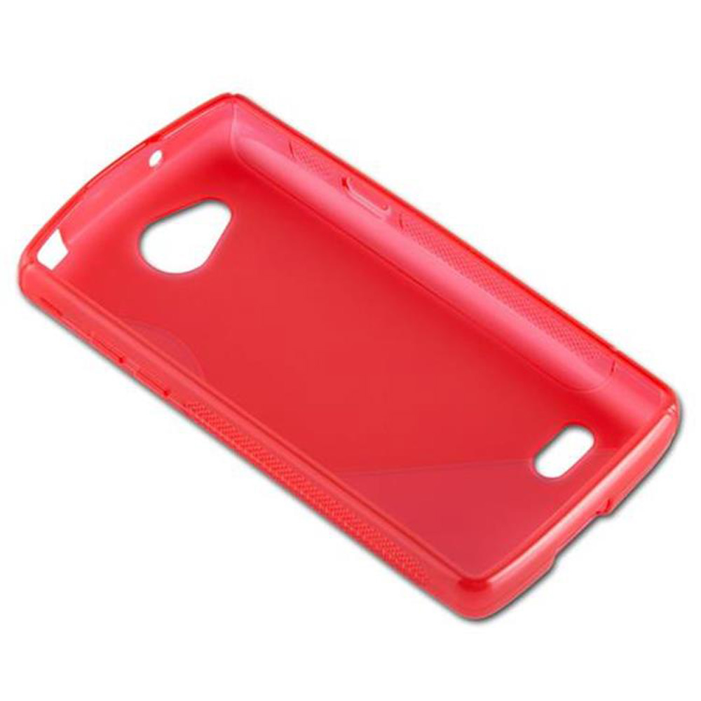 Custodia per telefono rossa. La custodia è di colore rosso pieno con aperture per il telefono.