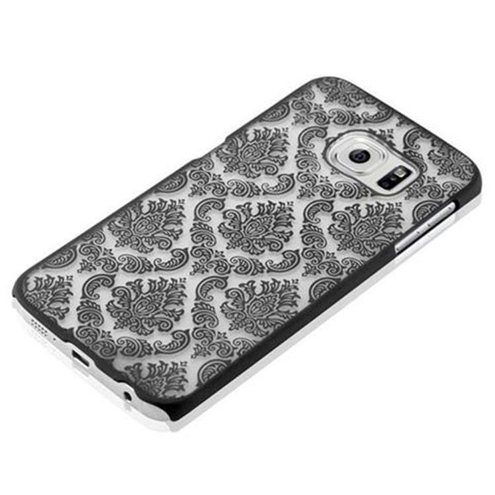 Schwarze Handyhülle mit floralem Design. Das Telefon befindet sich auf einer weißen Oberfläche.