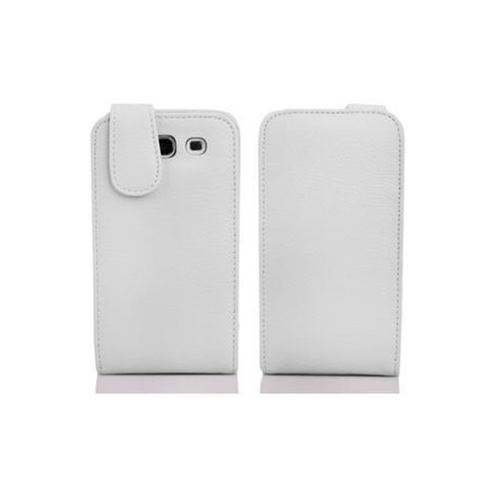 Due custodie bianche per telefono. Hanno una texture in pelle. Una ha una patta con chiusura a bottone.