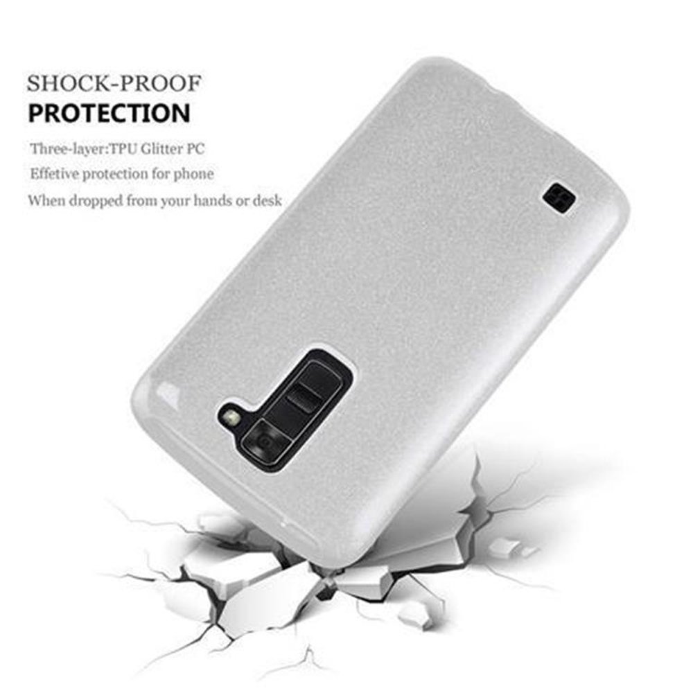 Una funda de teléfono blanca sobre una superficie agrietada con texto sobre protección a prueba de golpes.