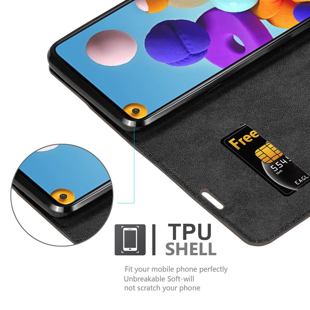 Telefon in schwarzer Hülle mit Kartenfach und sichtbarer Free-Karte, mit TPU-Shell-Etikett.