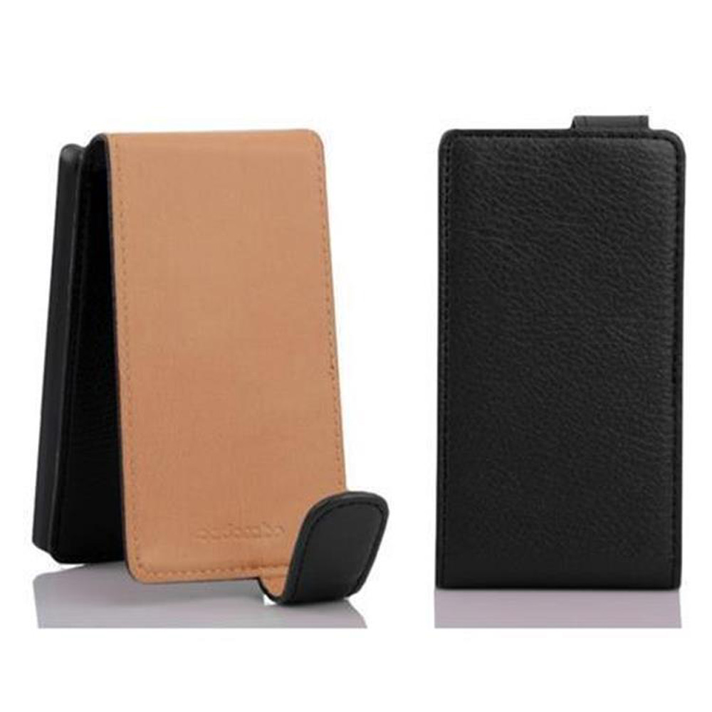 Zwei Handyhüllen: eine beige und schwarze offene, eine schwarze geschlossene. Die beige Hülle hat einen schwarzen Verschluss.