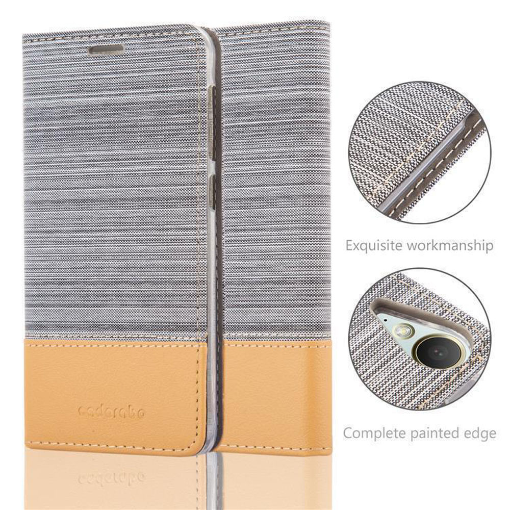 Custodia per telefono aperta con design in tessuto grigio e beige. Primi piani mostrano dettagli delle cuciture e bordo verniciato completo.