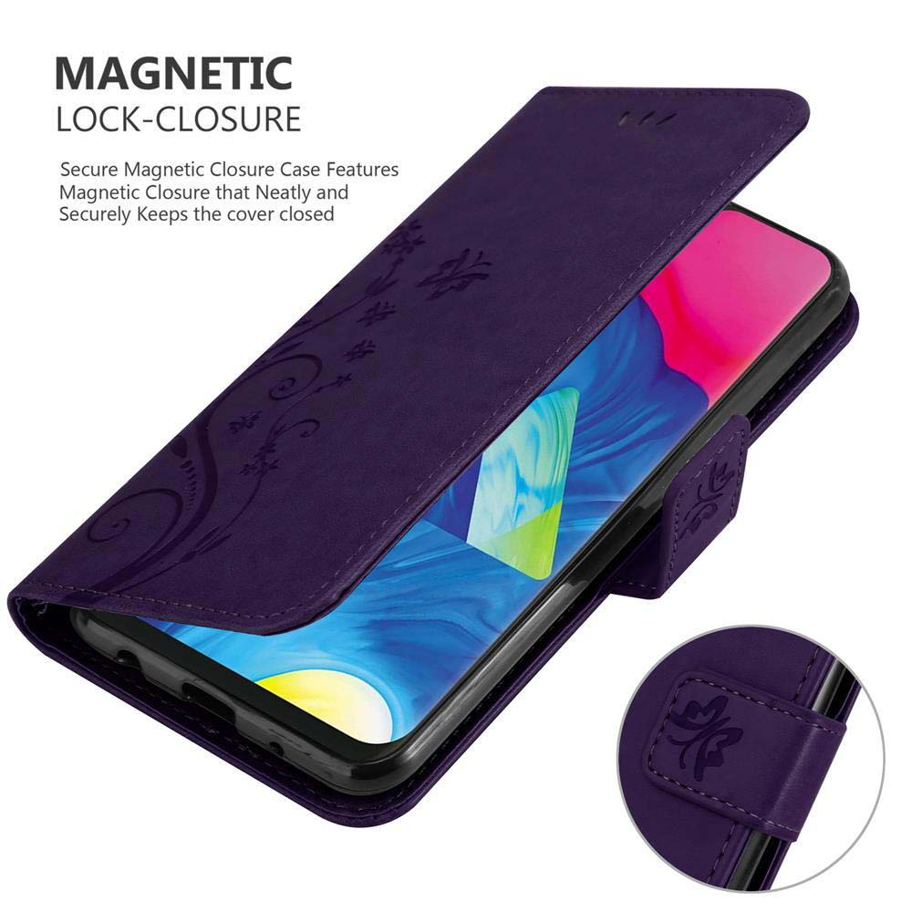 Custodia per telefono viola con design floreale, aperta per rivelare un telefono. Dispone di chiusura magnetica.