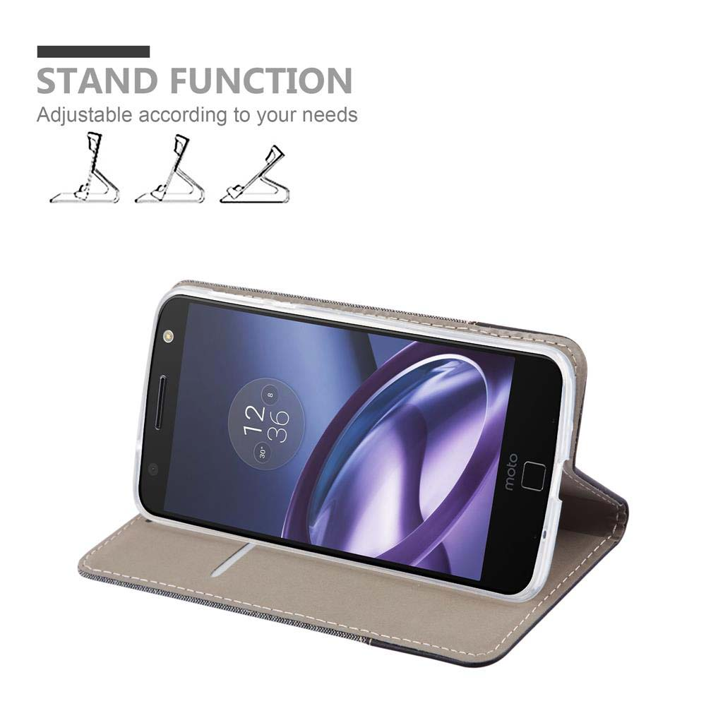 Telefono in custodia grigia, aperto per visualizzare lo schermo. Il testo in alto dice 'STAND FUNCTION'.