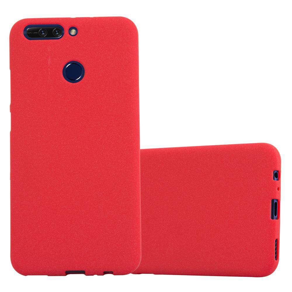 Custodie per telefono rosse. Una in piedi, l'altra piatta. Entrambe rosse.