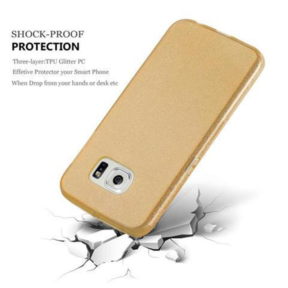 Goldene Handyhülle auf zerbrochener Oberfläche. Text: 'Shock-Proof Protection'.