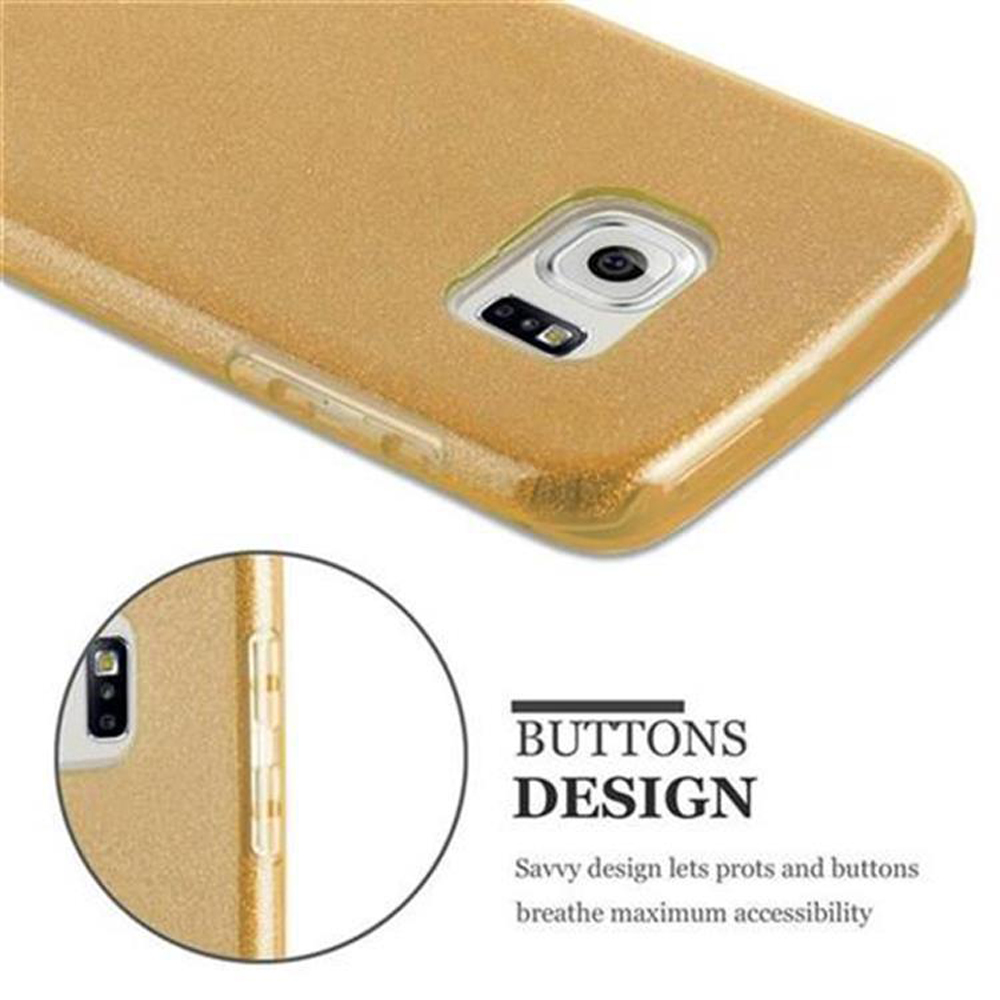 Nahaufnahme einer goldenen Handyhülle mit Text: Buttons Design. Zeigt Seitentasten.