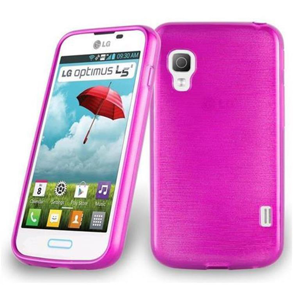 Un teléfono rosa con una funda rosa. La pantalla muestra iconos. La funda está a la derecha y tiene cámara.