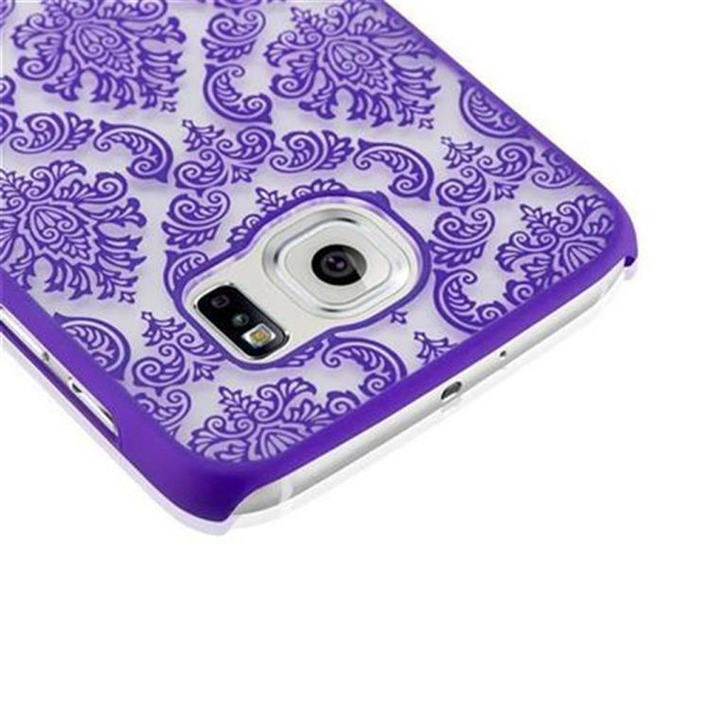 Handyhülle mit floralem Design, das Telefon ist sichtbar und die Hülle ist lila.