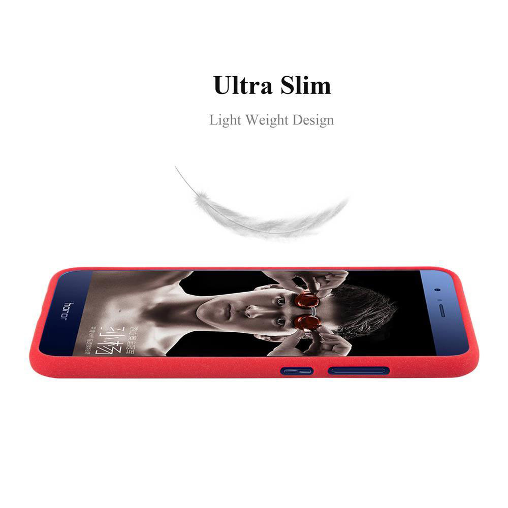 Una custodia per telefono rossa con un telefono all'interno, e la parola 'Ultra Slim' e una grafica a forma di piuma.