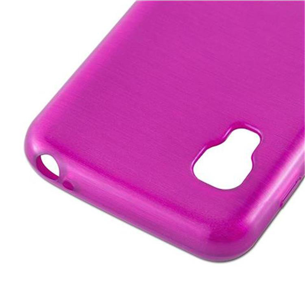 Primer plano de una funda de teléfono magenta con aberturas para la cámara y otros puertos.