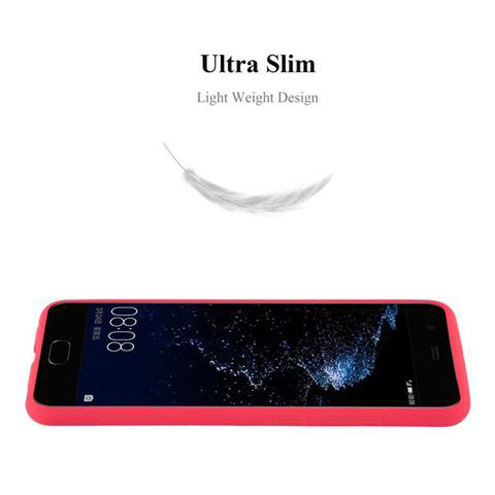 Una custodia per telefono rossa con schermo nero. C'è una piuma sopra. Il testo dice 'Ultra Slim'.