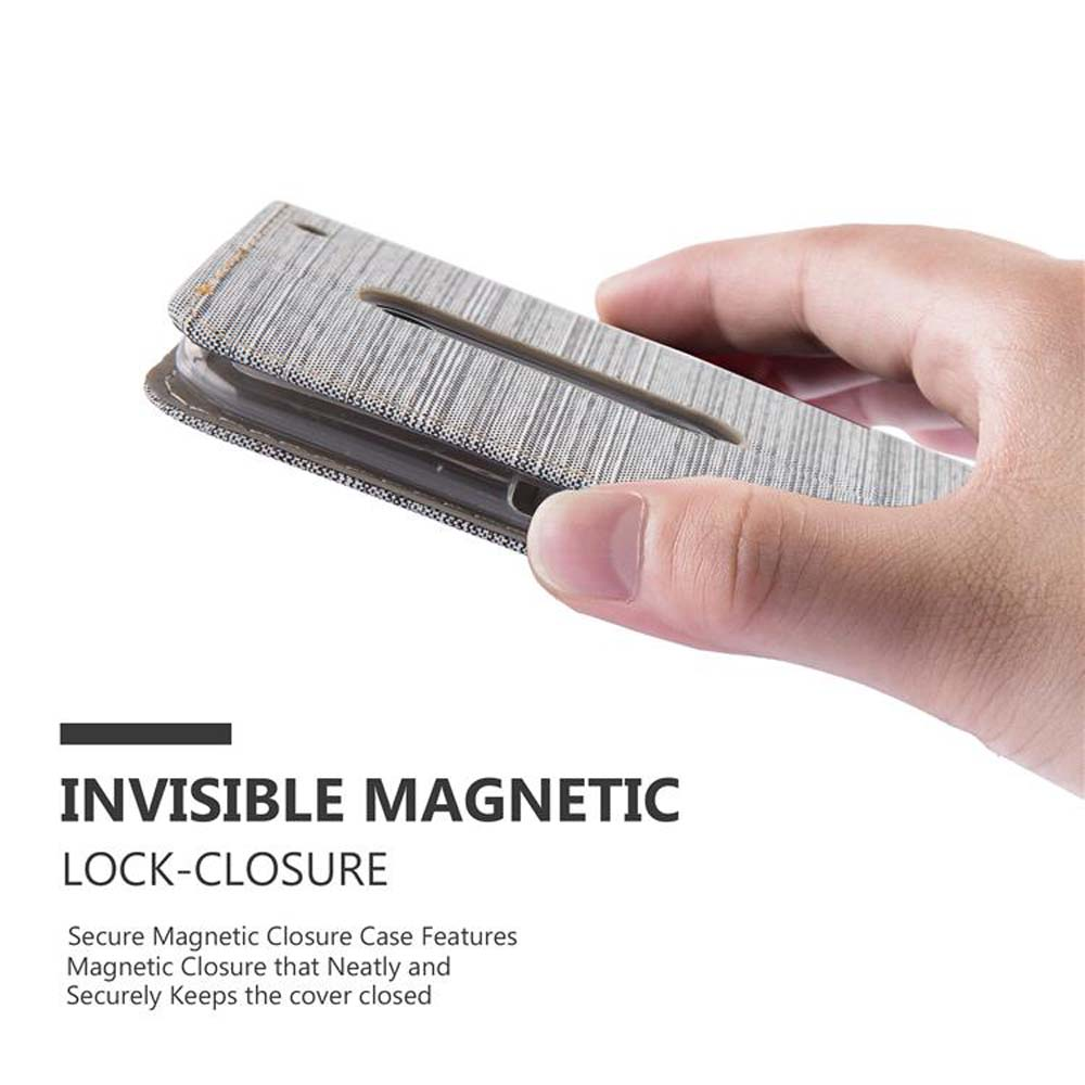 Custodia per telefono con chiusura magnetica invisibile. La custodia è aperta.